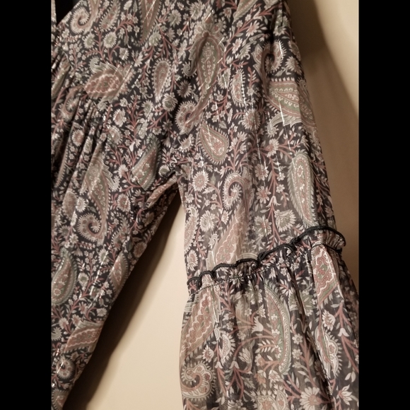 Bohemian black paisley print long sleeve tiered chiffon v-neck mini ruffle dress - Picture 5 of 8